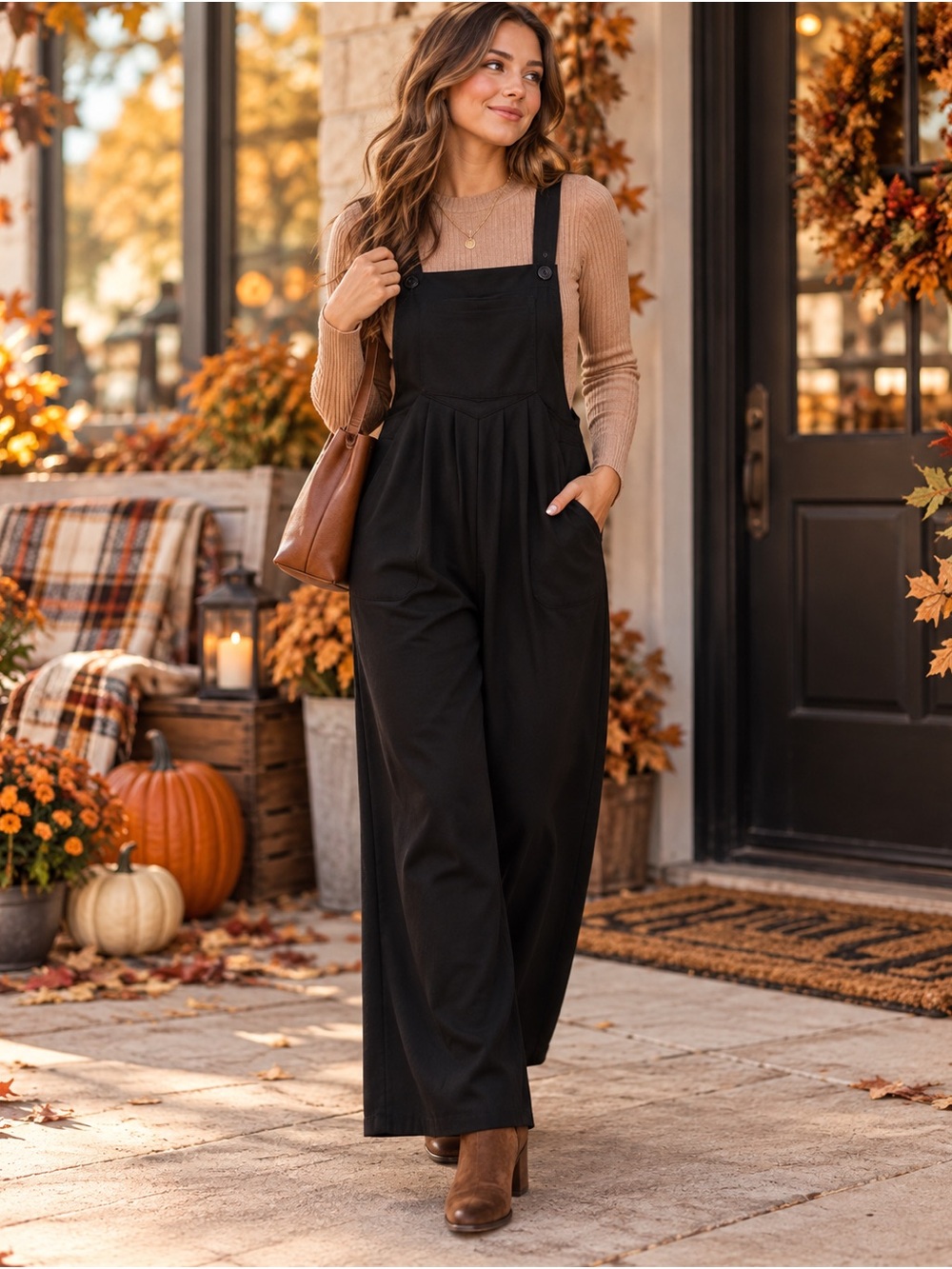 Halara Black Wide Leg Overall Jumpsuit Size L Casual Stretch Pocket Romper